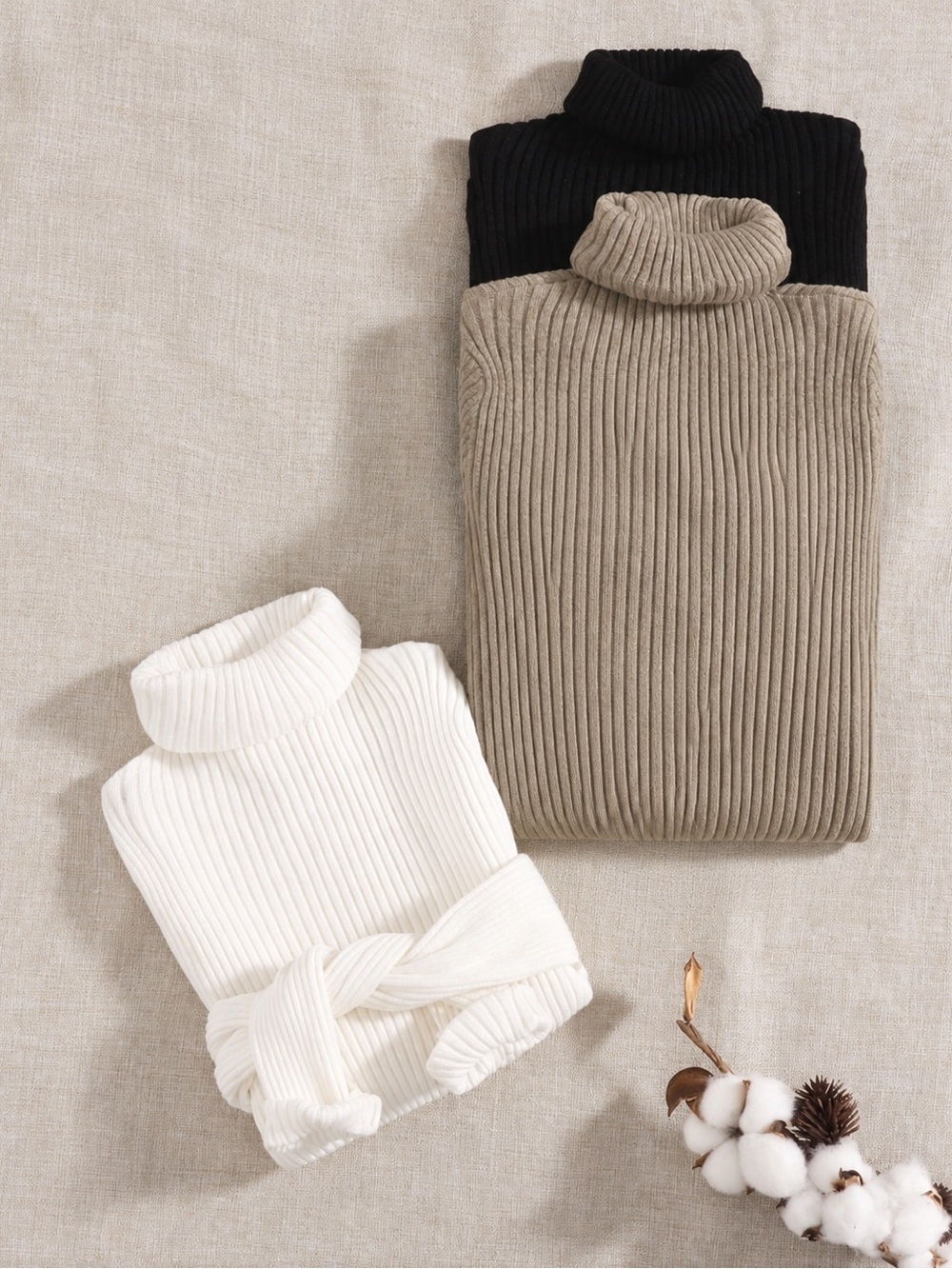 SHEIN Ribbed Cowl & Turtleneck Sweaters in Black, Taupe, White